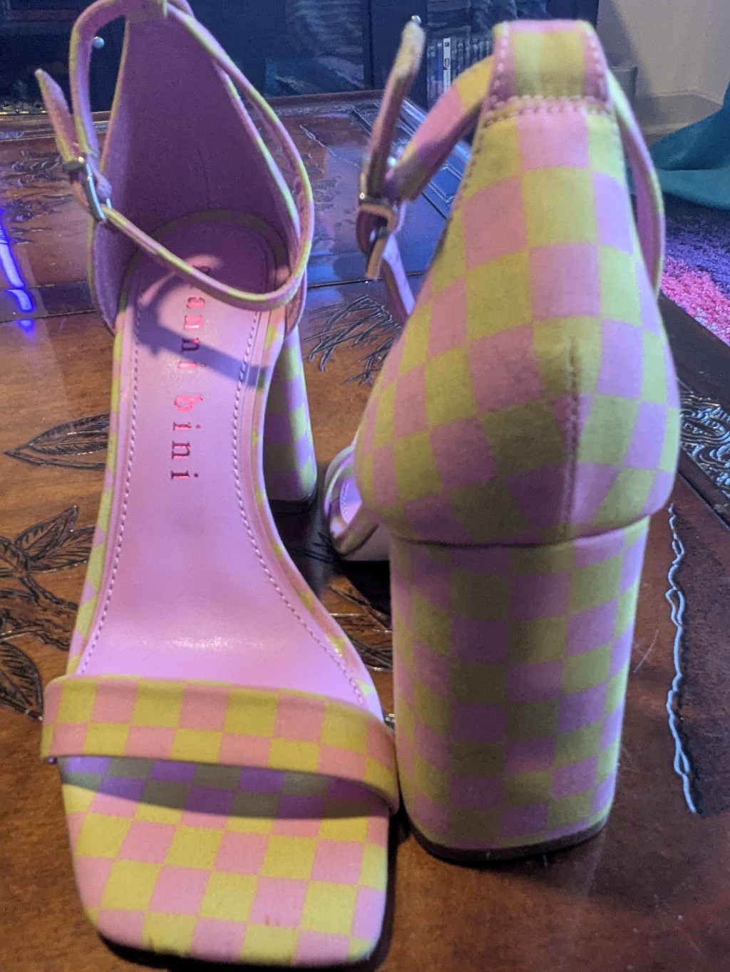 Gianni Bini Pink & Lime Check Block Heel Sandals